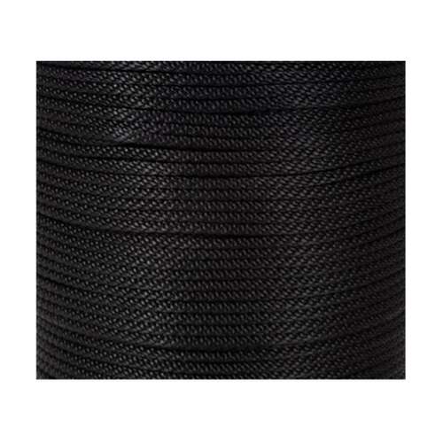 A close-up of Proceans Polyester 8 Plait 5mm x 1m black rope highlights its detailed braided texture and neatly wound, parallel coils.