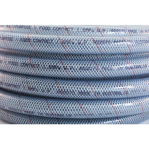 A close-up of the Mako Reinforced Clear PVC Hose 12.5mm shows its diamond pattern, blue/red lines, and printed text indicating it’s food grade, suitable for food contact, and made in Australia.