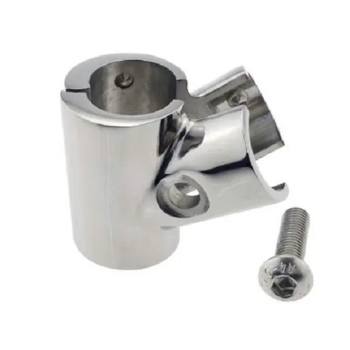 A Proceans AISI 316 60 Degree Split Handrail Tee (22mm internal diameter) and a separate hexagonal bolt on a white background—ideal marine grade stainless steel connector for hand rail fittings.