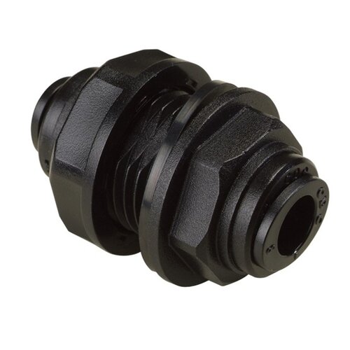The FluidFit 12mm OD Bulkhead Connector by Fluid Fit is a black plastic fitting with a threaded body, two hex locking nuts, and a sealing ring—ideal for passing cables or tubes through panels in marine plumbing or FluidFit systems.