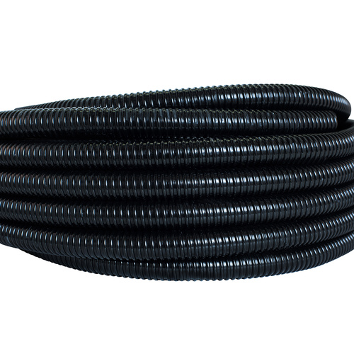 A close-up of the Mako Black Marine Bilge Hose 25mm (1 inch) per meter, showing its flexible, ridged texture and glossy black surface—ideal for pump out bilges. Brand: Mako.