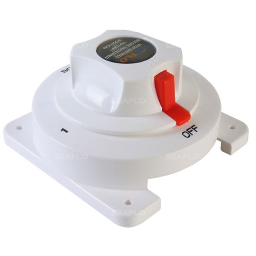 The Seaflo Battery Isolator - 4 position 1-2-Both-Off (Dual Batteries) features a red lever on a square base, ON/OFF labels for power control, and comes with a 3-year warranty. Original and genuine by Seaflo.