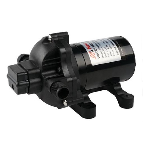 The Proceans sea-flow Series 33 12V Diaphragm Pump delivers up to 11.6LPM at 45PSI, featuring mounting brackets and labeled black cylindrical body with water inlet/outlet ports—ideal for efficient water system performance, backed by a 2-year warranty.