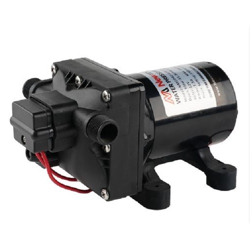 The Proceans Series 42 12V Diaphragm Pump has a max flow of 15LPM at 55PSI, comes with wiring and a plastic base, features inlet/outlet hose connections, and is covered by an unconditional 2-year sea-flow warranty.