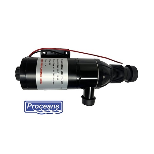 Black cylindrical 24 Volt Macerator Pump (45 L/min, 6 Amp) with labeled side and attached wires. Below is the blue and white Proceans sea-flow logo. White background. Reliable marine water pump with a 2-year unconditional warranty.