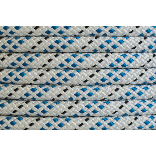 Close-up of Proceans Polyester Double Braided Rope, 12mm reels, featuring white rope with blue and black patterned stitches and a detailed braided texture.