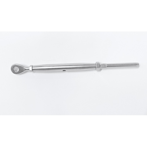The Proceans AISI 316 Screw Eye & Terminal for 4mm Wire is a stainless steel turnbuckle with a screw eye and threaded rod, perfect for rigging, displayed on a plain white background.
