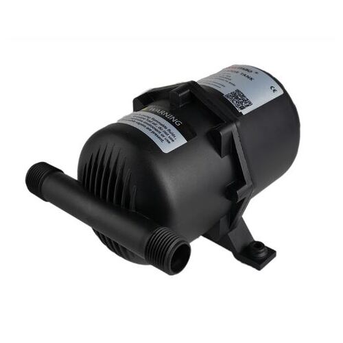 The Proceans sea-flow 1 Liter Pressurized Accumulator Tank features a cylindrical black design with two threaded pipe connections, a top label, a base mounting bracket, and comes with a 2-year unconditional warranty.