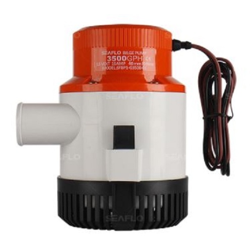 The Proceans sea-flow 12 Volt Bilge Pump, 3,500 US GPH (180 L/min), 25 Amp with a 38mm outlet, features a red and white body, black base, side outlet, power cable, and comes with a 2-year unconditional warranty.