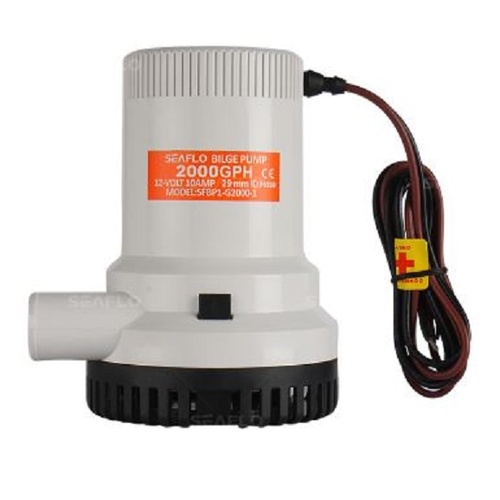 A Seaflo 24 Volt Bilge Pump (2,000 US GPH, 121 L/min), marine grade, with white body, black base, side 28.5mm outlet, and attached red & black wires. Label shows specs; original and genuine from Seaflo.