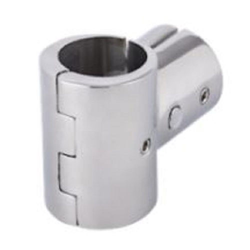 The Proceans AISI 316 90 Degree Split Handrail Tee (22mm ID) is a marine grade stainless steel, metallic cylindrical connector with a right-angle joint, smooth shiny finish, two visible screws, and an open slot for securing pipes.