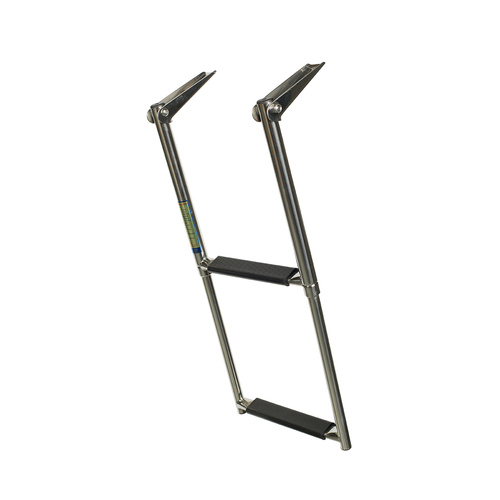 The Proceans AISI 316 Top Mount Heavy Duty 2 Step Telescopic Ladder features two black steps and angled brackets. Crafted from marine grade stainless steel, this folding ladder stands upright isolated on a white background.