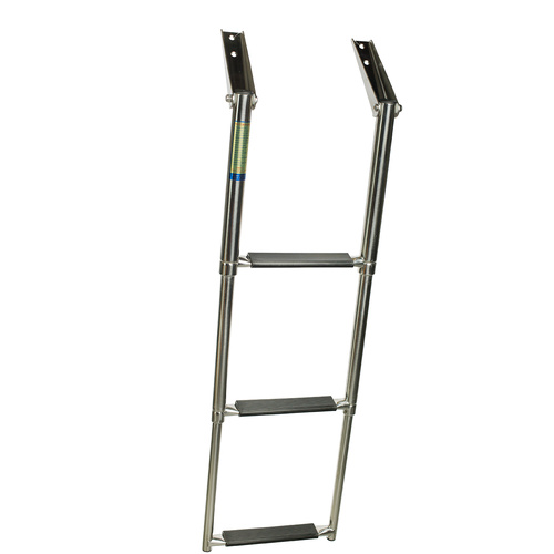 The Proceans AISI 316 Heavy Duty Top Mount 3 Step Telescopic Ladder features marine grade stainless steel, dual side rails, and three black steps. This ladder is ideal for boats or docks and is shown extended against a white background.