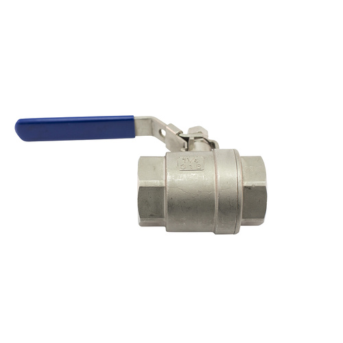 The image shows a Proceans AISI 316 Ball Valve 1 inch with threaded ends and a blue lever handle, made from marine grade stainless steel, against a white background.